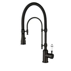 a black faucet with two hoses and nozzlets on the side