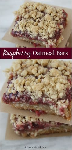 raspberry oatmeal bars stacked on top of each other