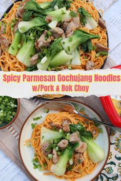 platter and plate full of spicy parmesan gochujang noodles with pork and bok choy Gochujang Noodles, Gochujang Sauce, Small Gathering, Chili Paste, Cheese Pasta, Pork Tenderloin, Grated Parmesan Cheese