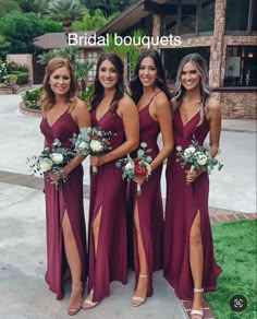 the bridesmaids are posing for a photo in front of their house with flowers and greenery