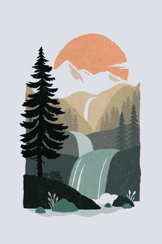 a mountain scene with trees and a waterfall