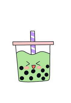 a green drink with a straw sticking out of it's mouth and eyes on the side