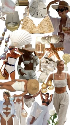 the collage shows women in bathing suits, hats, and other things that are on display