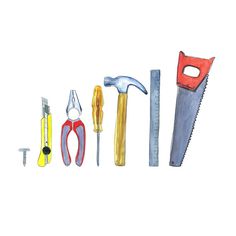 an assortment of tools are shown on a white background, including hammers, pliers and wrenches