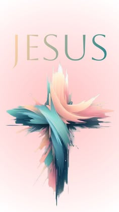 a cross with the word jesus painted on it in pastel colors and overlays