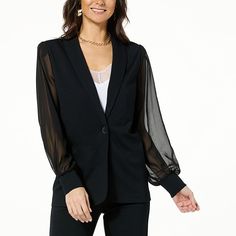 Colleen Lopez Chiffon Sleeve Ponte Knit Blazer   For an elevated take on a classic style, this mixed media ponte knit blazer goes the extra mile. Chic Sheer Long Sleeve Outerwear, Chic Sheer Outerwear For Fall, Chic Long Sleeve Outerwear With Sheer Sleeves, Chic Outerwear With Sheer Long Sleeves, Chic Fall Outerwear With Sheer Sleeves, Black Sheer Long Sleeve Outerwear, Sheer Fitted Outerwear For Fall, Fitted Outerwear With Sheer Sleeves, Blazer Collar