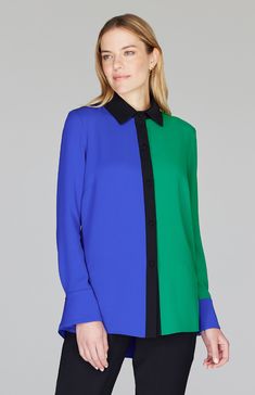 Our best-selling collared button down shirt, featuring a back overlap for beautiful movement and comfort. Now updated with new playful color blocked combinations. Color Block Shirts, Silk Knit, Knit Tees, Pant Shirt, New Arrival Dress, Skirts For Sale, Blouse Designs, Gowns Dresses, Color Block