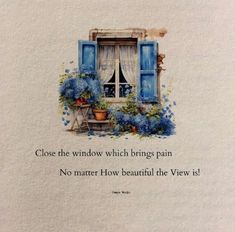 an open book with blue flowers on the window sill and words written below it