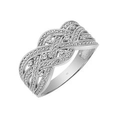 This Keepsake diamond-accent anniversary ring is set in sterling silver. This ring features eight round diamonds (I-J, I2-I3) placed within a multi-row woven design. A milgrain finish completes the look. This charming diamond band can be stacked with other rings in your jewelry collection or worn alone to show your style. This diamond band makes a beautiful gift for an anniversary or any special occasion. Size: 5.  Color: White.  Gender: female.  Age Group: adult. Elegant White Gold Rings With Decorative Band, Elegant Diamond Ring With Decorative Band, Sterling Silver Rings With Decorative Band, Classic Silver Rings With Diamond Accents, Elegant Silver Rings With Diamond Accents, Elegant White Ring With Decorative Band, Elegant Diamond White Ring With Decorative Band, Elegant White Gold Diamond Ring With Decorative Band, Fine Jewelry Diamond Ring With Decorative Band