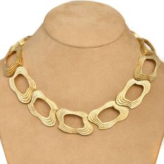 "The perfect way to enhance the look of that special woman.  This Italian estate necklace is crafted in solid 18K yellow gold, this exquisite piece has 13 open links, fancy cushion-shaped, with a stacked textured design finely made in luxurious gold. The complete piece weighs 106.0 grams, and its inner circumference measures approximately 16.5\" x 0.75\" wide, secured with an insert clasp. Hallmark Signed & Purity Marked Remains in Excellent Condition. Matching Bracelet Available SKU # 1086002 A Italian Estate, Fancy Cushions, Crescent Earrings, 18k Gold Bracelet, Gem Diamonds, Jewelry Appraisal, Jewelry Auction, Gold Choker Necklace, Gold Choker