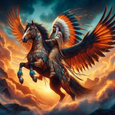 a painting of an eagle riding on the back of a horse in front of a sunset