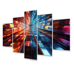 a multicolored abstract painting on the wall in an art gallery with multiple panels