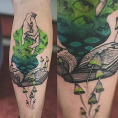 two different tattoos on the legs of people with books and flowers in them, one is green