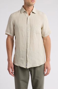 Look undaunted by heat and humidity in this short-sleeve sport shirt of breathable linen that will get softer with every washing. Spread collar Short sleeves 100% linen Machine wash, line dry Imported Khaki Short Sleeve Camp Shirt For Spring, Khaki Summer Shirt With Button Closure, Summer Khaki Shirt With Button Closure, Summer Khaki Crew Neck Shirt, Casual Flax Top With Pockets, Beige Short Sleeve Camp Shirt For Spring, Summer Khaki Camp Shirt With Button Closure, Casual Unstructured Beige Shirt, Beige Relaxed Fit Camp Shirt With Short Sleeves