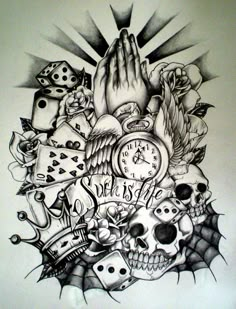 a drawing of a clock, dices and skulls