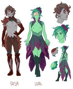 three different poses of an elf with green hair and purple pants, one in the process of