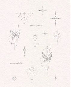 the back side of a card with butterflies and stars on it