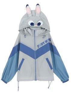 Get ready to channel your inner Judy with this exclusive Zootopia x Judy collaboration! Stay stylish and protected from the sun with this blue hooded jacket featuring a unique colorblock design. The zip closure adds a touch of convenience.  Please note that this product includes only one top.  Garment Size   	 		 			Size 			S 			M 			L 			XL 			2XL 		 		 			Full Length 			58.5 			64.5 			70 			74 			78 		 		 			Bust 			126 			134 			142 			148 			154 		 		 			Sleeve Length 			69.5 			72.4 			75. Trendy Blue Hooded Jacket For Spring, Blue Hooded Jacket With Zipper For Outdoor, Outdoor Blue Hooded Jacket With Zipper Closure, Blue Hooded Hoodie With Contrast Color, Blue Hooded Jacket With Detachable Hood For Streetwear, Blue Hooded Windbreaker With Drawstring, Blue Hooded Outerwear With Contrast Color, Blue Windbreaker With Contrast Colors For Winter, Blue Hooded Windbreaker With Double-lined Hood