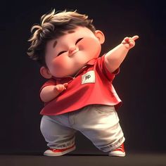 a little boy in red shirt and white pants holding his hand out to the side