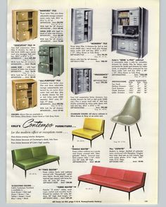 an advertisement for furniture from the 1950's, featuring different styles of chairs and cabinets