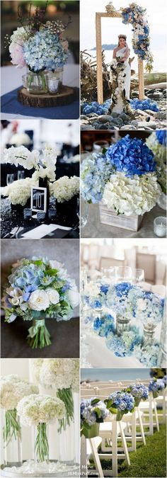 blue and white flowers are on display at the wedding reception table, along with an arrangement of hydrangeas