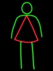 a neon drawing of a woman's body in red and green on a black background