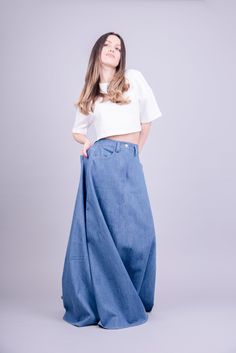 "Oversized, loose and spacious extra long and comfortable, with front and back pockets, this extremely chick skirt is made of high quality denim. All time trendy with a classic silhouette you will look stunning anywhere you go. MATERIALS: × Denim ------------------------------------------- If you have any questions about the item or have any personal requirements about the garment, please do not hesitate to send us a message, our team is available 24/7, or check out our shop policy. -> https: Trendy Wide Leg Cotton Maxi Skirt, Trendy Cotton Wide Leg Maxi Skirt, Baggy High Waist Denim Skirt For Spring, Spring High Waist Baggy Denim Skirt, Baggy Denim Blue Skirt For Spring, Denim Blue Relaxed Fit Long Skirt, Denim Wide Leg Skirt With Relaxed Fit, Wide Leg Denim Skirt With Relaxed Fit, Denim Wide Leg Relaxed Fit Skirt