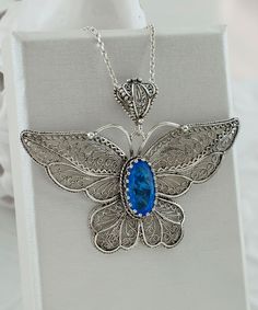 Handmade Butterfly Jewelry As Gift For Her, Ornate Handmade Jewelry For Gifts, Ornate Handmade Jewelry Gift, Collectible Sterling Silver Filigree Jewelry, Handmade Butterfly Jewelry For Gifts, Handmade Butterfly Jewelry Gift, Unique Filigree Jewelry For Gifts, Blue Sterling Silver Necklaces Engraved, Handmade Butterfly Jewelry For Gift