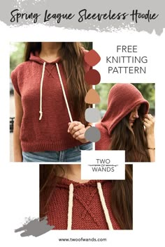 a woman wearing a red sweater and hoodie with the text, free knitting pattern