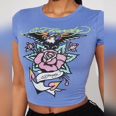 Ed Hardy Rhinestone Eagle/Rose Crop Top Short Sleeve Round Neck Ed Hardy Crop Top Outfit, Ed Hardy Cut Shirts, Ed Hardy Clothing, Ed Hardy Crop Top, Ed Hardy Cropped Hoodie, Ed Hardy Tank Top, Ed Hardy, Round Neck, Short Sleeves Tops