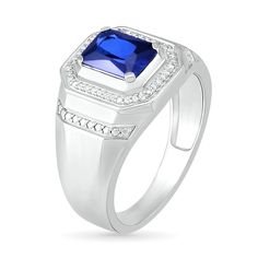 He'll appreciate the geometric details of this luxe fashion ring. Crafted in sterling silver, this style showcases an 8.0 x 6.0mm emerald-cut bright blue lab-created sapphire - wrapped in an octagonal frame of diamonds and a polished border. Along the bevel-edged shank, beaded collars flank the center design to complete the look. Radiant with 1/10 ct. t.w. of diamonds and a brilliant buffed luster, this ring is guaranteed to impress. Formal Sterling Silver Signet Ring With Gemstone, Formal Sapphire Sterling Silver Signet Ring, Timeless Emerald Cut Sapphire Ring In Sterling Silver, Timeless Emerald-cut Sapphire Ring In Sterling Silver, Rectangular Lab-created Sapphire Fine Jewelry, Luxury Sapphire Octagon Rings, Modern Octagon Ring With Accent Stones, Modern Sapphire Ring With Prong Setting, Modern Sapphire Jewelry With Emerald Cut