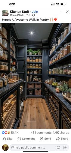 an instagramted photo of a pantry with shelves full of food and other items