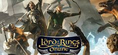 the lord rings online logo with several people in front of an image of two giant dinosaurs