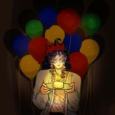 a painting of a man holding a plate with balloons in the background and a birthday hat on his head