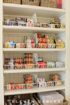 an organized pantry with baskets and food items