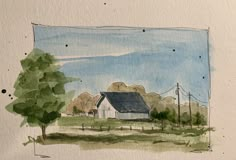 a watercolor painting of a house in the middle of a field with trees and telephone poles