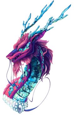 a colorful dragon head is shown on a white background with blue and pink accents, as well as pearls