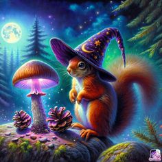 a painting of a squirrel wearing a witches hat sitting on top of a mushroom covered hill