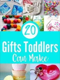 the cover of 20 gifts toddlers can make, with images of handprinted items