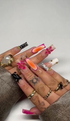 Jhene Aiko Theme Nails, Square Shaped Nails Long, Solid Color Nails With Charms, Square Freestyle Nails, Nails Acrylic Unique Designs, 24th Birthday Nails Ideas, Long Square Spring Nails, Long Chunky Nails, Long Square Gel X Nails