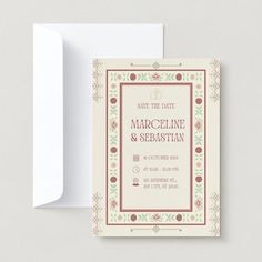 the save the date card is printed on top of a white envelope with red trim