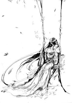 a drawing of a woman sitting on a swing