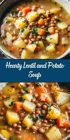 This Hearty Lentil and Potato Soup is a filling, flavorful meal made with wholesome ingredients like lentils, potatoes, carrots, and spices. Simmered to perfection, it’s an easy, nutritious soup that’s both vegan and gluten-free. Perfect for lunch or dinner, it’s cozy and satisfying! Lentil Potato Stew, Hearty Lentil And Potato Soup, Gnocchi Soup Vegan, Vegan Lentil Potato Soup, The Best Lentil Soup, Daniel Fast Lentil Soup, Vegetarian Potato Soup Recipes, Tuscan Lentil Soup, Cozy Vegetarian Dinner