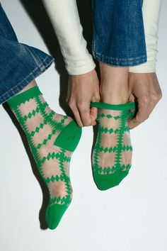 Part of the Made in Japan series, these sweet green squares socks have a super high needle count and a hand-closed toe for extra comfort. Fabric is nylon. Sock Crochet, Strawberry Socks, Sheer Socks, Crochet Squares, Crochet Accessories, Basel, Crew Socks, Made In Japan, Persona