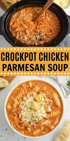 crockpot chicken parmesan soup in a bowl with bread on the side