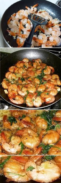 shrimp being cooked in a skillet on the stove and then fried with garlic bread