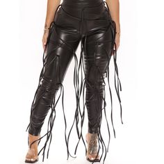 Pants With Strings, Show Outfit Ideas, Romantic Dinner Decoration, Y2k Pants, Leather Pants Women, Her Closet, Faux Leather Pants, Leather Fringe, Casual Lace