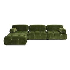 an image of a green couch with pillows on the bottom and back end, in front of a white background