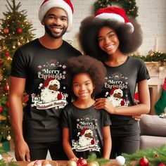 This personalized Christmas Family African American Santa Claus Tee is perfect for the holiday season, adding a festive touch to your outfit. The unisex heavy cotton tee provides a comfortable fit for anyone looking to spread some holiday cheer. Ideal for African American families celebrating Christmas together. Product features - Unisex heavy cotton tee for year-round comfort - Shoulder tape for stabilization and prevent stretching - Ribbed knit collar without seam for elasticity and shape rete Black Unisex T-shirt For Family Occasions, Family Matching Black T-shirt For Holiday, Black Family Matching Holiday T-shirt, Black Family Christmas, Black Santa Christmas Shirts, Christmas Black Graphic Tee T-shirt, African American Family, Holiday Pops, Black Family