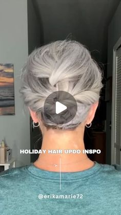 Erika Fenimore | Mature Beauty Bestie on Instagram: "Struggling to find that cute updo for any holiday party?  Try this cute updo. 

Save this post and try it this holiday season.  What do you want me to try next? 

#hairinspo #hairgoals #hairgoalsachieved #grayhairmovement #grayhairjourney #updohairstyles #silverhairmovement #shorthairstyle" Grey Hair Updos, Pinup Hair Short, Bless Thursday, Hair Curling Techniques, Short Hair Updos, Grey Hair Journey, Growing My Hair, Gray Hair Growing Out, Hair Issues